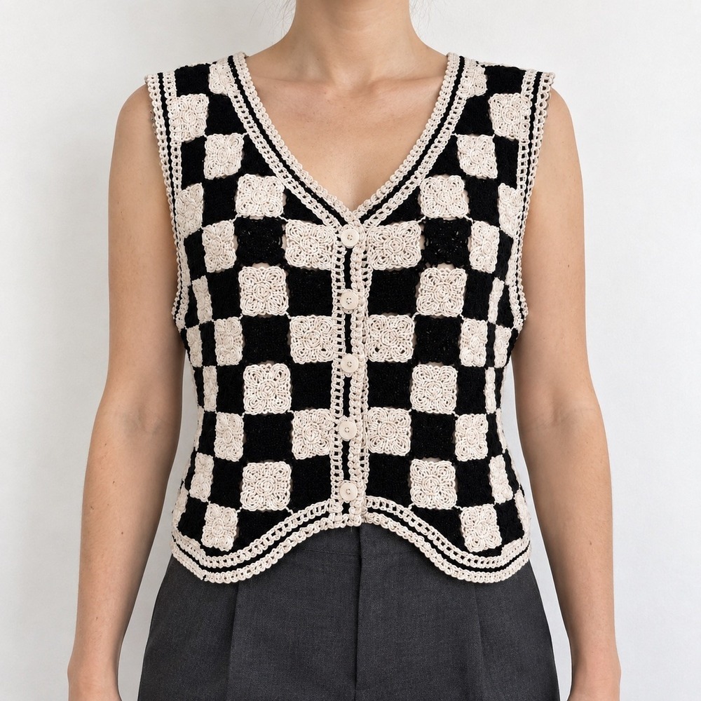 Crochet Checkerboard Vest L Black White Button Front Boho Cottagecore Grandma